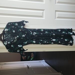 Floral belted midi dress shirt dress buttom down black green medium tamnoon